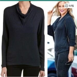 Cabi Quinn Cowl Neck Dolman Sleeve Top S Dusk Darn Navy Charcoal